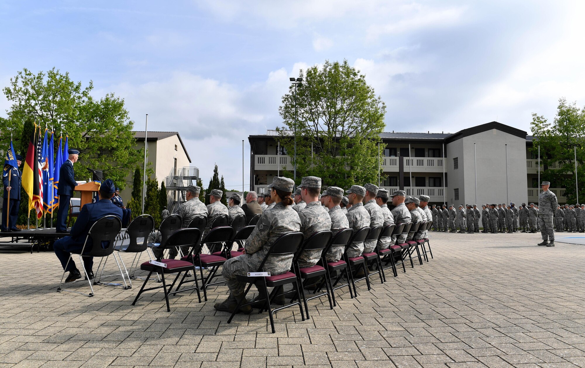 U.S. Air Force Maj. Gen. Timothy M. Zadalis, U.S. Air Forces in Europe and Air Forces Africa vice commander, speaks during the Kisling Noncommissioned Officer Academy’s Change of Responsibility ceremony on Kapaun Air Station, Germany, May 25, 2017. Zadalis presided over the ceremony as U.S. Air Force Chief Master Sgt. Tamar Dennis, outgoing Kisling NCOA commandant, relinquished responsibility of the academy to U.S. Air Force Chief Master Sgt. Kathi Glascock, incoming Kisling NCOA commandant. A change of responsibility ceremony is the enlisted version of an officer’s change of command. (U.S. Air Force photo by Senior Airman Tryphena Mayhugh)