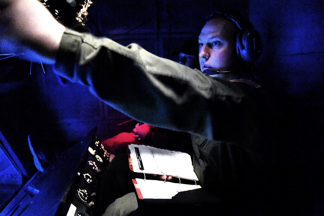 Airman 1st Class Jordan Taggart, a boom operator with the 9th Air Refueling Squadron from Travis AFB, refuels B-1 Lancers over Newfoundland, May 18, 2017. The B-1 Lancers from Ellsworth AFB rendezvoused with the refueling aircraft on their way to support Eager Lion 17.