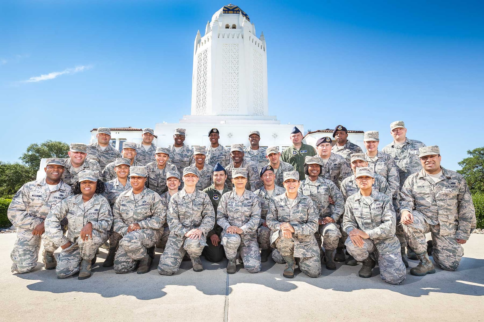JBSA-Randolph master sergeant selects pose for a group photo in front of the Taj on May 24, 2017. There were 20,169 Airmen eligible for promotion, and 5,166 were selected with a 25.61 percent selection rate Air Force wide. (U.S. Air Force Photo by Master Sgt. Kal Slater). 