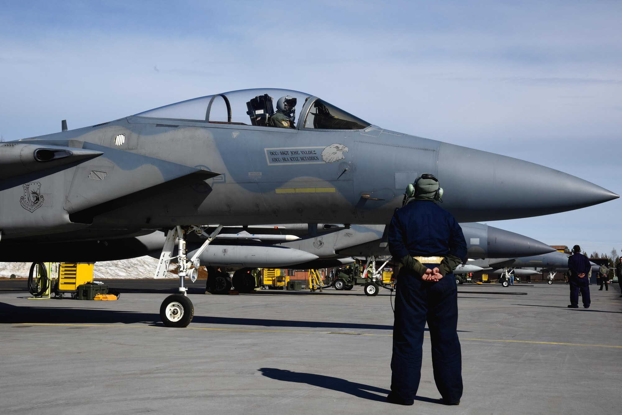 An F-15C Eagle from the 493rd Fighter Squadron, Royal Air Force Lakenheath, England, prepares for the first sortie  of the day at Rovaniemi Air Base, Finland, May 25, in support of Arctic Challenge 2017. Continued, realistic interoperability exercises, such as ACE 17, allow the U.S., allies and partner nations to build their aerial expertise. (U.S. Air Force photo/Airman 1st Class Abby L. Finkel)