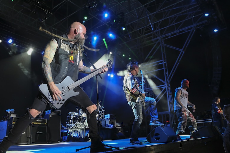 Five Finger Death Punch performs for Combat Center patrons during the We Salute You Celebration at Lance Cpl. Torrey L. Gray Field aboard the Marine Corps Air Ground Combat Center, Twentynine Palms, Calif., May 19, 2017. Marine Corps Community Services hosted the event to provide entertainment to Marines and sailors aboard the Combat Center. (U.S. Marine Corps photo by Lance Cpl. Christian Lopez)