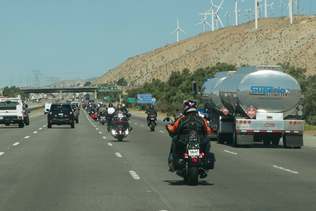 Combat Center patrons ride down U.S. Interstate 10 during the Behavioral Health Branch’s Substance Abuse Awareness Ride for Freedom, Freedom to Ride motorcycle event, May 19, 2017. The Behavioral Health Branch held the event to promote safe and sober driving. (U.S. Marine Corps photo by Cpl. Thomas Mudd)