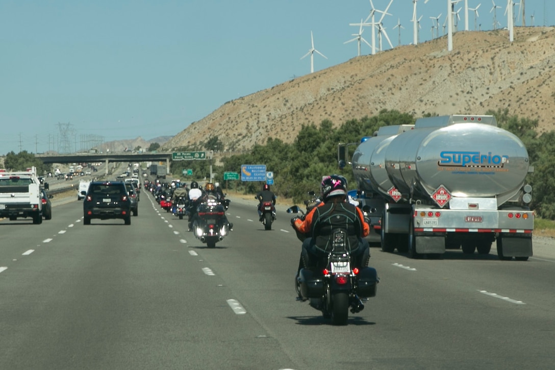 Combat Center patrons ride down U.S. Interstate 10 during the Behavioral Health Branch’s Substance Abuse Awareness Ride for Freedom, Freedom to Ride motorcycle event, May 19, 2017. The Behavioral Health Branch held the event to promote safe and sober driving. (U.S. Marine Corps photo by Cpl. Thomas Mudd)