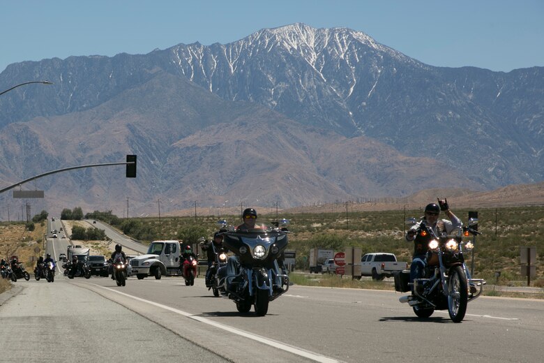 Combat Center riders drive down California Highway 62 during the Behavioral Health Branch’s Substance Abuse Awareness Ride for Freedom, Freedom to Ride motorcycle event, May 19, 2017. The Behavioral Health Branch held the event to promote safe and sober driving. (U.S. Marine Corps photo by Cpl. Thomas Mudd)