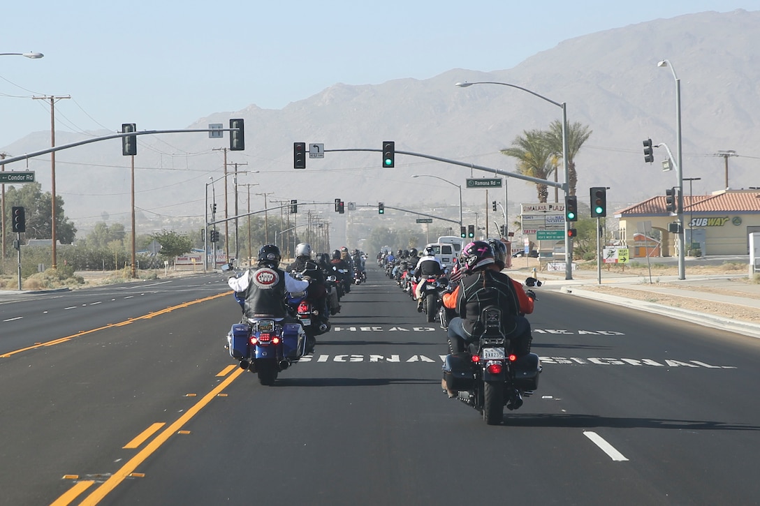 Combat Center Riders leave Marine Corps Air Ground Combat Center, Twentynine Palms, Calif., during the Behavioral Health Branch’s Substance Abuse Awareness Ride for Freedom, Freedom to Ride motorcycle event, May 19, 2017. The Behavioral Health Branch held the event to promote safe and sober driving. (U.S. Marine Corps photo by Cpl. Thomas Mudd)
