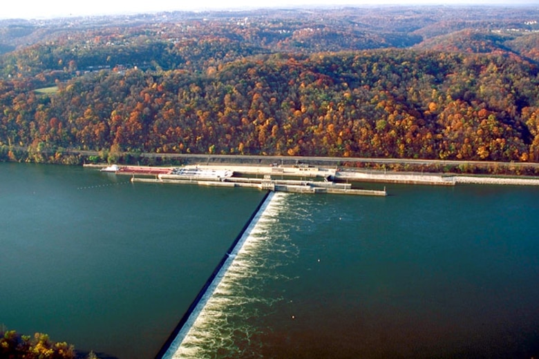 An aerial view of the Lock and Dam facility