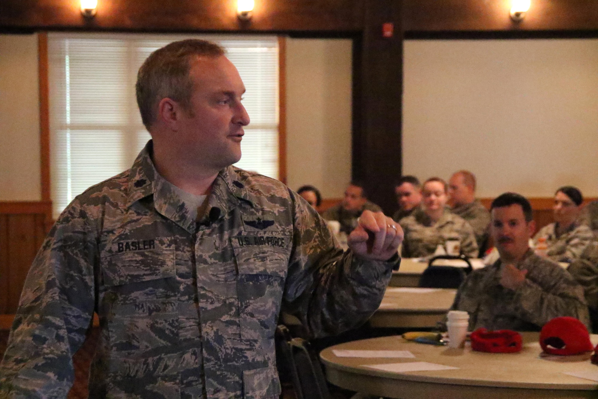 Lt. Col. Matthew R. Basler, senior professional instructor and leadership advisor for the Air Force Profession of Arms Center of Excellence, teaches Enhancing Human Capital to Pennsylvania Air National Guard leaders from all three wings in the commonwealth, at the Keystone Conference Center, Fort Indiantown Gap, Pennsylvania, May 18, 2017. This course focuses on self-reflection as a means to better understand how we can become better friends, parents, spouses, co-workers, and leaders. PACE is responsible to the Chief of Staff of the Air Force for infusing the Air Force Core Values within the profession of Arms and across the Air Force, via identity-based education and training, tools, and assessments. (U.S. Air National Guard photo by Master Sgt. Culeen Shaffer/Released)