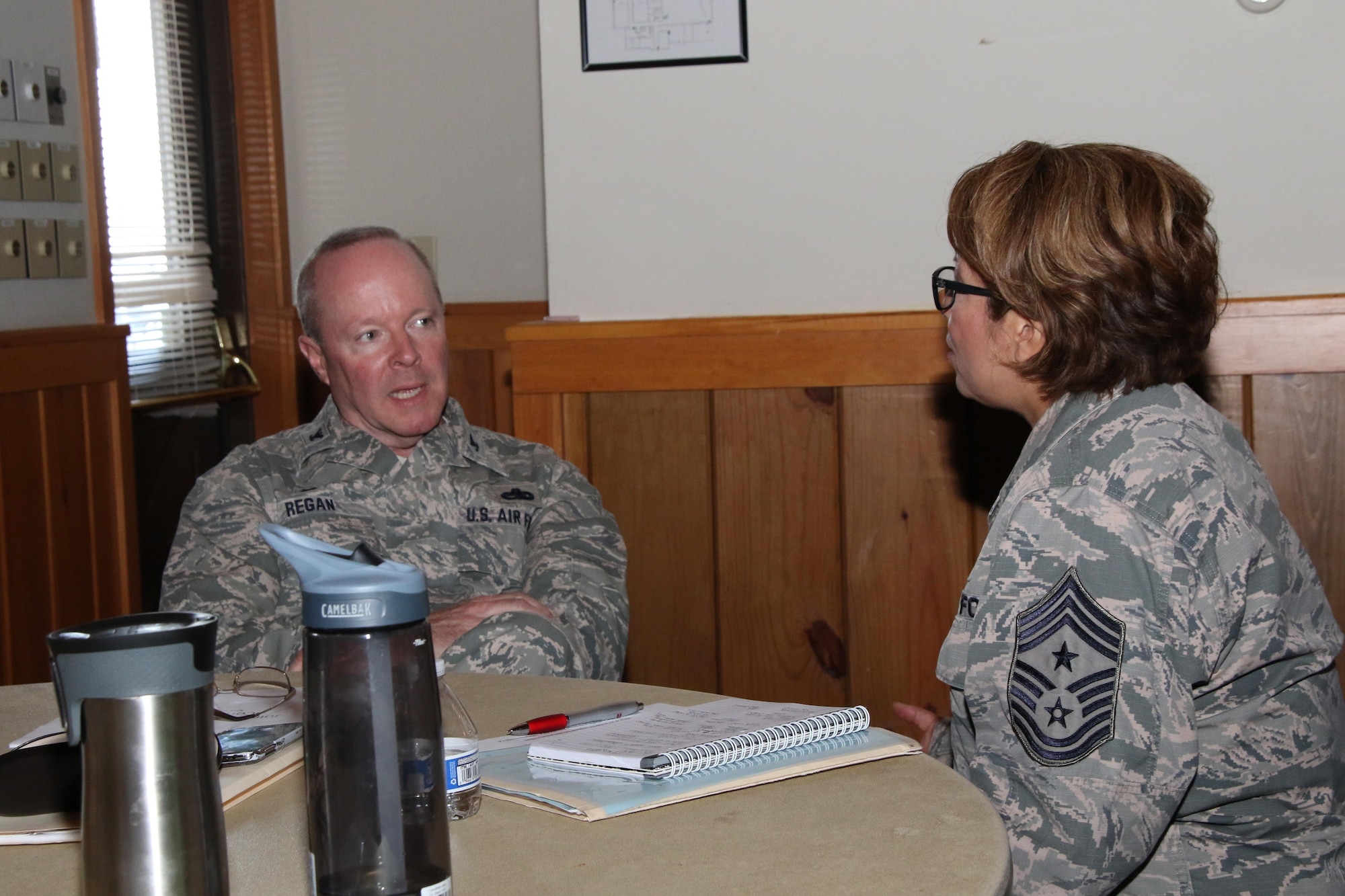 Col. Michael Regan, Deputy Adjutant General – Air for the Commonwealth of Pennsylvania, left, and Chief Master Sergeant Regina Stoltzfus, Pennsylvania Air National Guard command chief, participate in an activity during the Enhancing Human Capital course, at the Keystone Conference Center, Fort Indiantown Gap, Pennsylvania, May 18, 2017. Leaders from all three wings in the Pennsylvania Air National Guard attended this course, taught by Lt. Col. Matthew R. Basler, senior professional instructor and leadership advisor for the Air Force Profession of Arms Center of Excellence, which focused on self-reflection as a means to better understand how we can become better friends, parents, spouses, co-workers, and leaders. (U.S. Air National Guard photo by Master Sgt. Culeen Shaffer/Released)