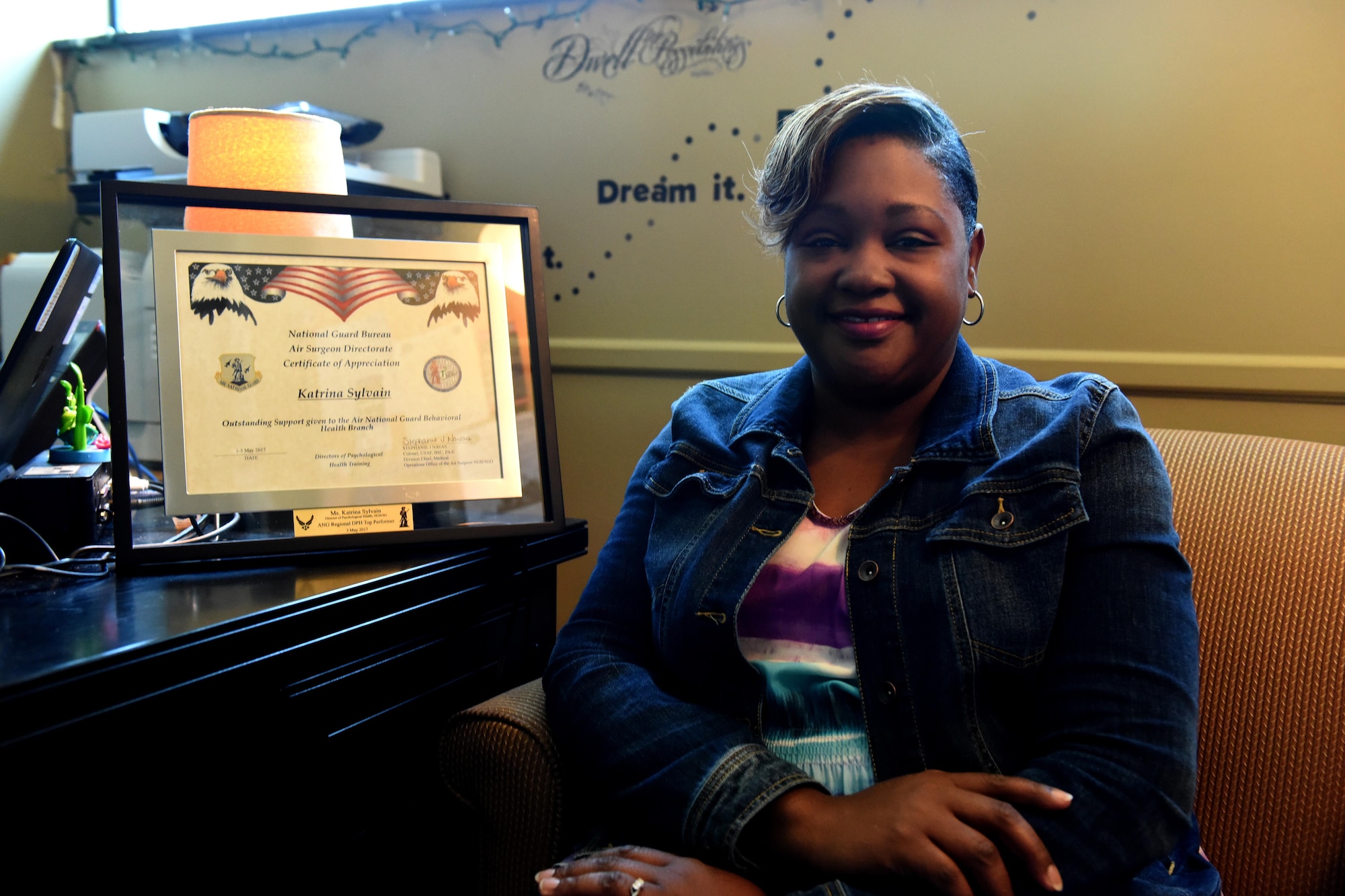 Katrina Sylvain, 193rd Special Operations Wing director of psychological health poses for a photo in her Middletown, Pennsylvania office, May 17, 2017. Two weeks prior at the Annual DPH Training Conference, she was awarded Air National Guard DPH Top Performer for the northeast region in recognition of her quality of work at the 193rd SOW. (U.S. Air National Guard Photo by Master Sgt. Culeen Shaffer/Released)