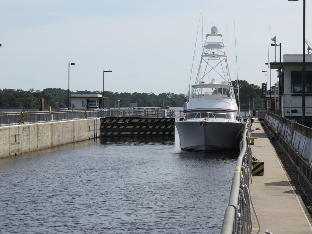 A boat enters the chamber at the W.P. Franklin Lock & Dam near Fort Myers, Fla. in October, 2016 while traveling on the Okeechobee Waterway.  The U.S. Army Corps of Engineers Jacksonville District is responsible for operations and maintenance of the 154-mile long waterway that connects the Gulf of Mexico with the Atlantic Ocean through the Caloosahatchee River, Lake Okeechobee, and the St. Lucie Canal.