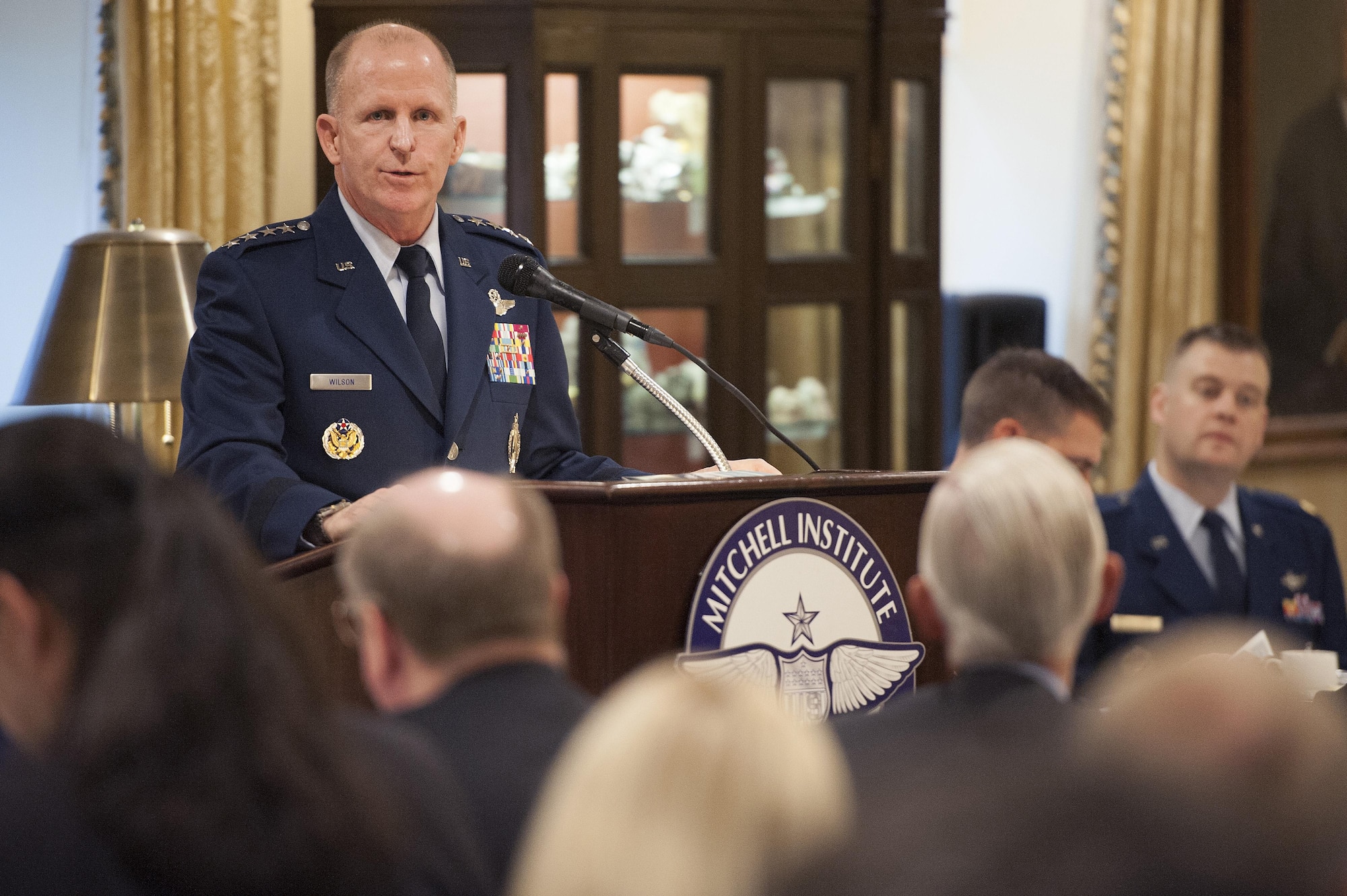 Vice Chief of Staff of the Air Force Gen. Stephen Wilson discusses modernization of the nuclear triad during an Air Force Association breakfast at the Capitol Hill Club in Washington, D.C., May 25, 2017. The Air Force maintains two legs of the nuclear triad, including the aircraft capable of carrying nuclear weapons, more than 400 intercontinental ballistic missiles, as well as 75 percent of the Nuclear Command, Control and Communication that connects the president to senior military leaders and approximately 30,000 Airmen maintaining this capability. (U.S. Air Force photo/Tech. Sgt. Robert Barnett)