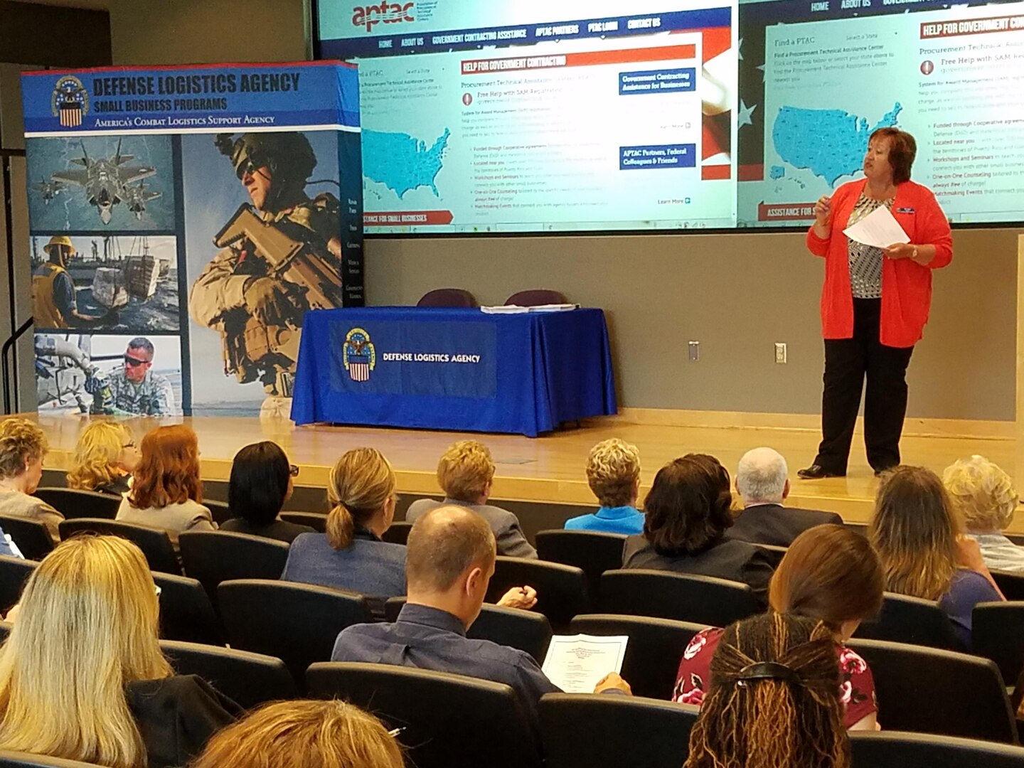 Amy Sajda, director of DLA Small Business Programs, welcomes attendees to the Subcontracting Training and Networking outreach event May 18 at George Mason University, Arlington, Virginia.