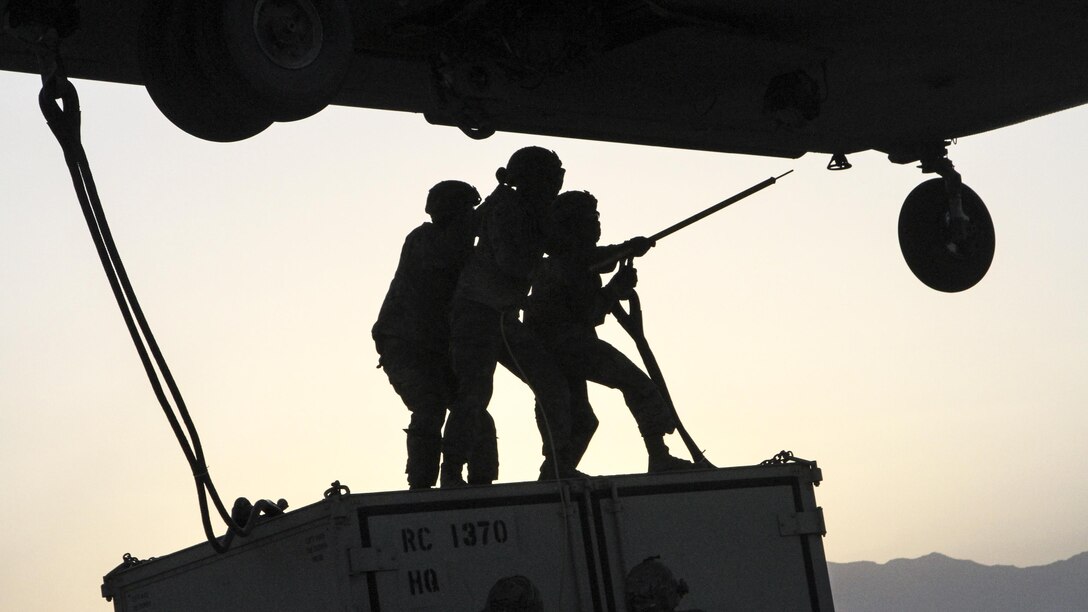 Soldiers conduct slingload operations at Bagram Airfield, Afghanistan, May 22, 2017. The soldiers are assigned to Task Force Muleskinner. Army photo by Sgt. 1st Class Shelia Cooper