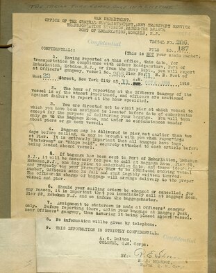 After arriving at port, completing the necessary last minute preparations, and perhaps squeezing in a bit of last minute fun, Signal Corps members were left to await their embarkation instructions.  Lieutenant Andrew J. LaBoiteaux received his instructions on October 4, 1918.  Issued by the War Department and stamped, “Confidential,” these orders informed LaBoiteaux that he was to report to vessel #206 at pier 61 on West 22nd Street in New York City at 11am on October 6, 1918.