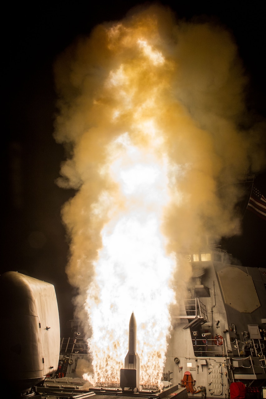 The Missile Defense Agency and sailors aboard USS John Paul Jones, an Aegis baseline 9.C1-equipped destroyer, fire a salvo of two Standard Missile-6 dual I missiles against a complex medium-range ballistic-missile target, demonstrating the sea-based terminal endo-atmospheric defensive capability and meeting the test's primary objective, Dec. 14, 2016. Missile Defense Agency photo
