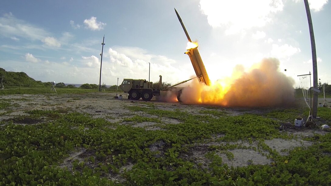 A Terminal High-Altitude Area Defense interceptor is launched from a THAAD battery on Wake Island, Nov. 1, 2015. Tthe THAAD system intercepted two air-launched ballistic-missile targets. Missile Defense Agency photo