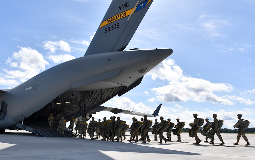 Soldiers from the 82nd Airborne Division board a C-17 Globemaster III at Pope Army Airfield, North Carolina, May 25, 2017. Due to high winds and safety regulations, the paratroopers and equipment were not dropped.