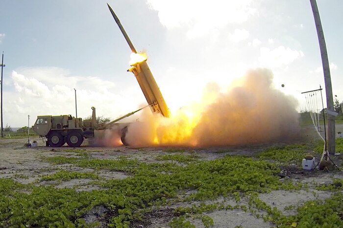 A Terminal High-Altitude Area Defense interceptor is launched from a THAAD battery on Wake Island, Nov. 1, 2015. The THAAD system intercepted two air-launched ballistic-missile targets. Missile Defense Agency photo