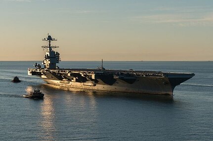 NORFOLK (April 14, 2017) The aircraft carrier Pre-Commissioning Unit (PCU) Gerald R. Ford (CVN 78) pulls into Naval Station Norfolk for the first time. The first-of-class ship - the first new U.S. aircraft carrier design in 40 years - spent several days conducting builder's sea trails, a comprehensive test of many of the ship's key systems and technologies.
