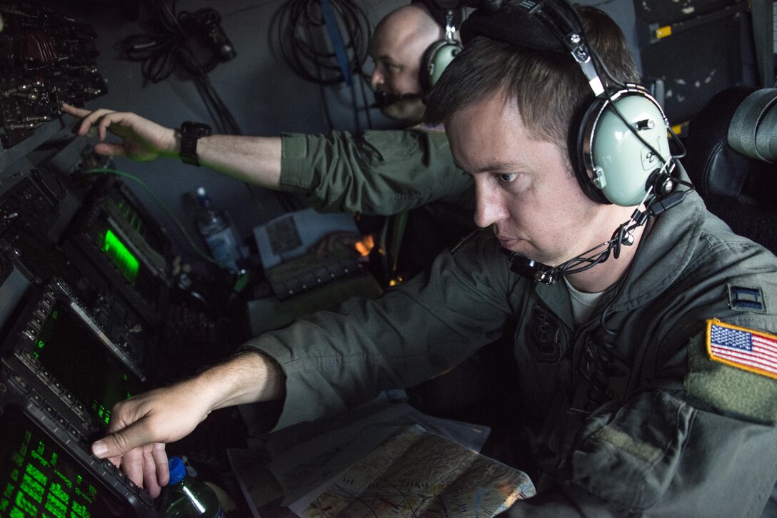 U.S. Air Force 1st Special Operations Squadron navigator and electronic warfare officer prepare a U.S. Air Force MC-130H Combat Talon II for take-off prior to airdrop and nighttime low-level training, April 26, 2017 at Royal New Zealand Air Force Base Woodbourne, New Zealand. Experts in specialized aviation, the 1st SOS executed airdrops, low-level and formation flights in New Zealand’s unique mountainous terrain. (U.S. Air Force photo by Capt. Jessica Tait)