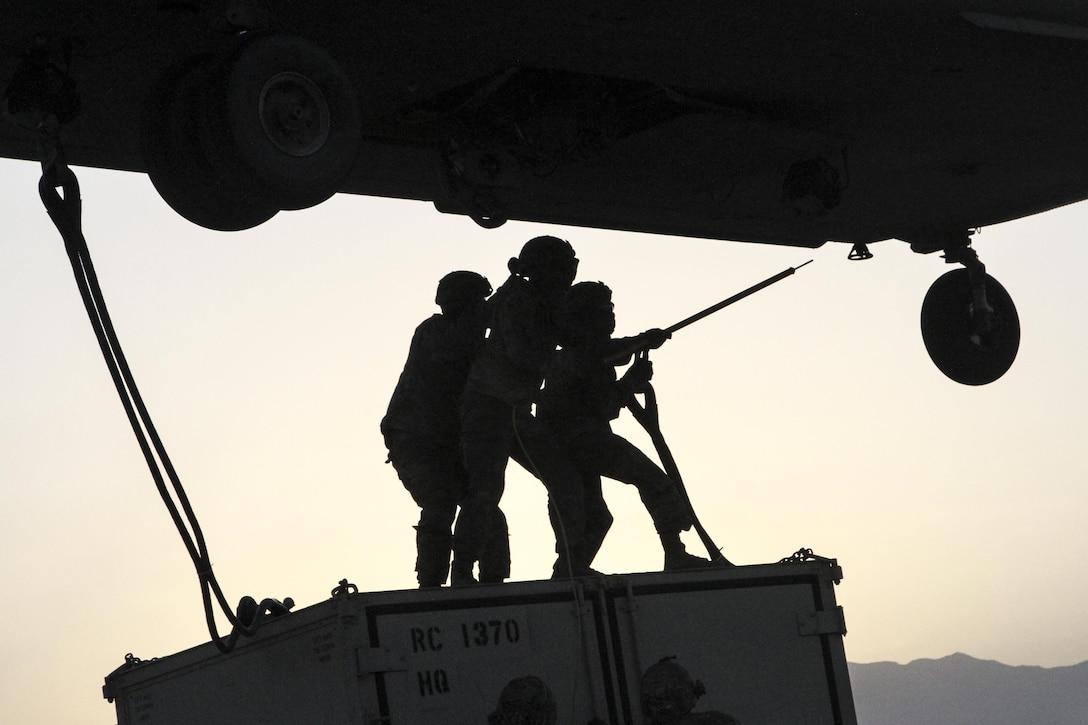 Soldiers conduct slingload operations at Bagram Airfield, Afghanistan, May 22, 2017. The soldiers are assigned to Task Force Muleskinner. Army photo by Sgt. 1st Class Shelia Cooper