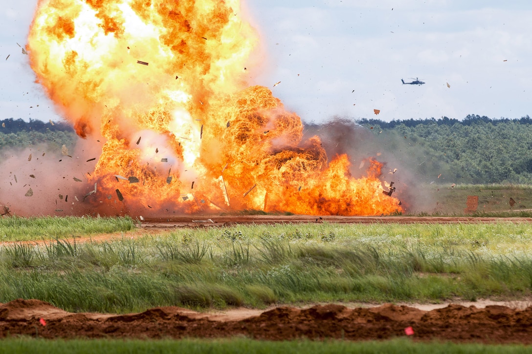 Paratroopers assigned to the 82nd Airborne Division detonate explosives during an airborne review at Fort Bragg, N.C., May 25, 2017. The review was the culminating event for All American Week, which celebrates the division. Army photo by Spc. Dustin D. Biven