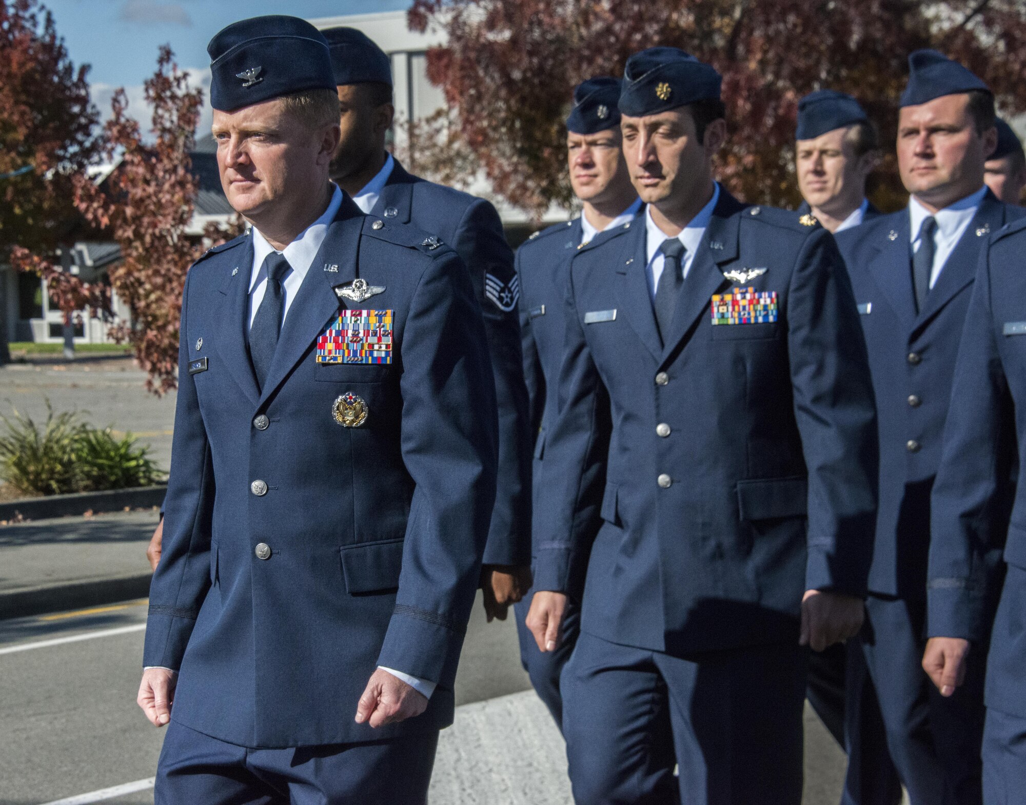 U.S. Air Force Col. William Freeman, 353rd Special Operations Group commander, leads the air commandos during a local ANZAC Day parade, April 25, 2017 in Blenheim, New Zealand. The Airmen commemorated with Royal New Zealand Air Force partners during ANZAC Day, as this year marks the 100-year anniversary of U.S. participation in WWI. (U.S. Air Force photo by Capt. Jessica Tait)
