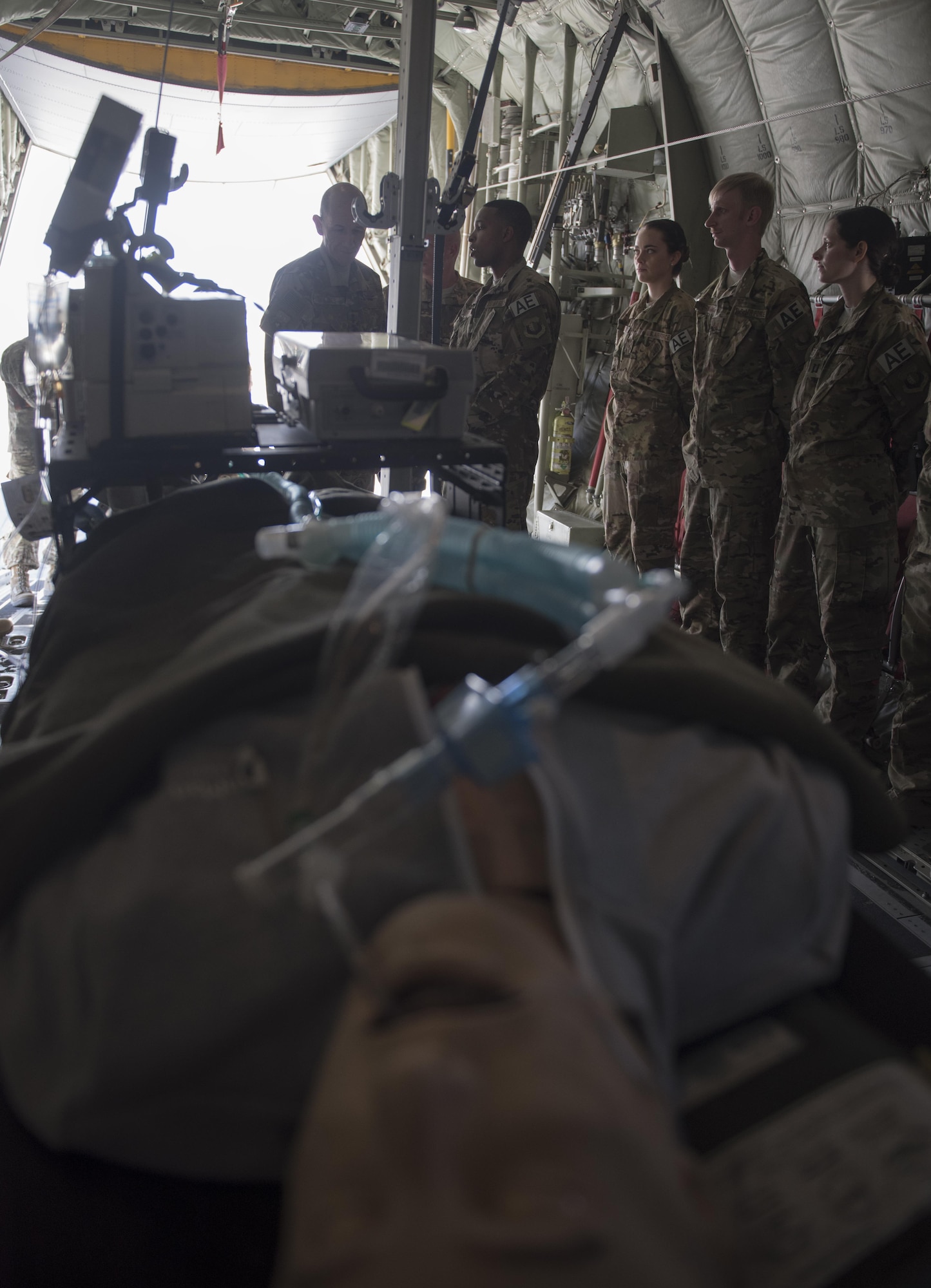 Gen. Mike Holmes, commander of Air Combat Command, speaks with 455th Expeditionary Aeromedical Evacuation Squadron Airmen during a visit to Bagram Airfield, Afghanistan, May 25, 2017. Holmes met with Bagram Airmen to discuss their role in Afghanistan and share memories from his time at the 455th Air Expeditionary Wing, where he served as the commander from March 2008 to April 2009. (U.S. Air Force photo by Staff Sgt. Benjamin Gonsier)