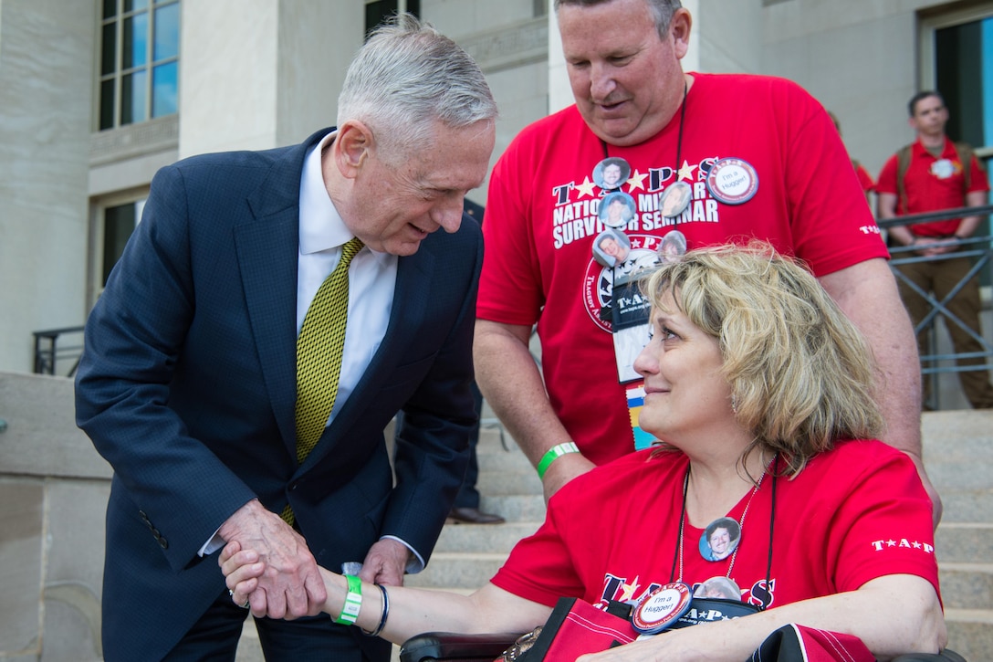 Defense Secretary Jim Mattis speaks with a member of the Tragedy Assistance Program for Survivors during the group's visit to the Pentagon, May 26, 2017. The Pentagon hosted the families for a day of fun and remembrance in honor of Memorial Day. DoD photo by Air Force Staff Sgt. Jette Carr