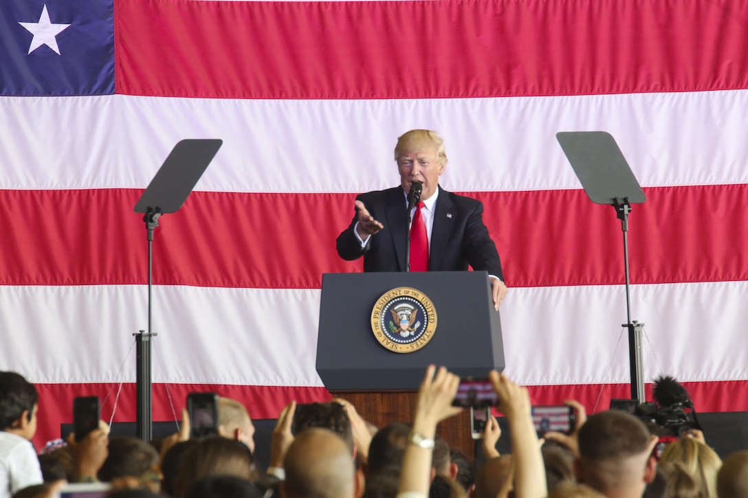 President Donald J. Trump speaks to U.S. service members and their families at Naval Air Station Sigonella, Italy, May 27, 2017. Trump traveled to Sicily to attend the G7 Summit and meet with world leaders. U.S. Marine Corps photo by Sgt. Samuel Guerra
