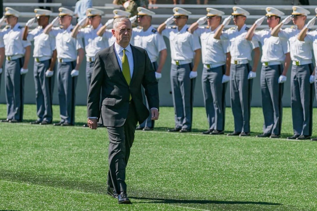 Defense Secretary Jim Mattis enters Michie Stadium before delivering the commencement address at the U.S. Military Academy at West Point, N.Y., May 27, 2017. U.S Army photo by Staff Sgt. Vito T. Bryant