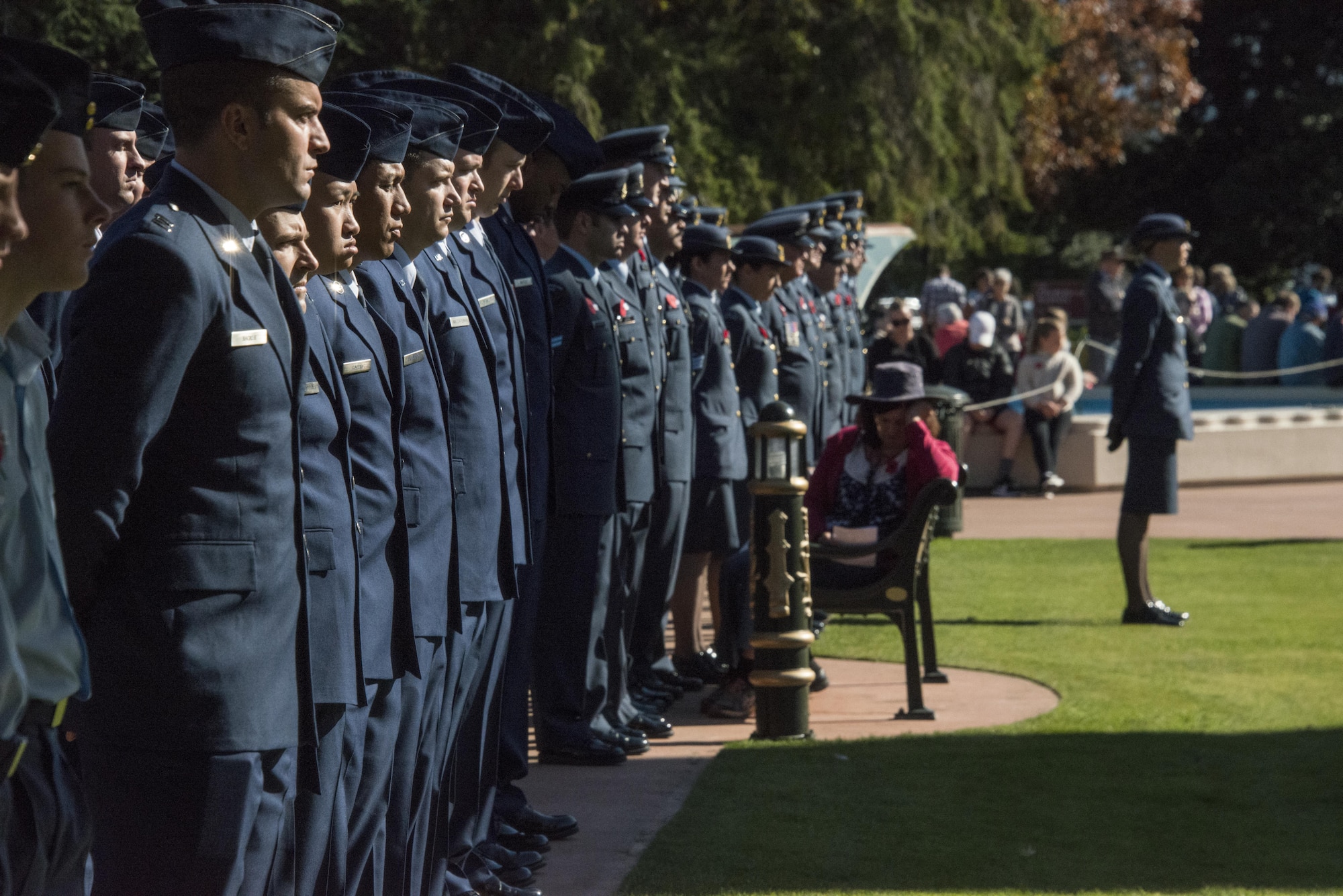 Royal New Zealand Air Force 40th Squadron and U.S. Air Force 353rd Special Operations Group members stand in formation during the ceremonial portion of the ANZAC Day event, April 25, 2017 in Blenheim, New Zealand. The Airmen commemorated with RNZAF partners during ANZAC Day, as this year marks the 100-year anniversary of U.S. participation in WWI. (U.S. Air Force photo by Capt. Jessica Tait)