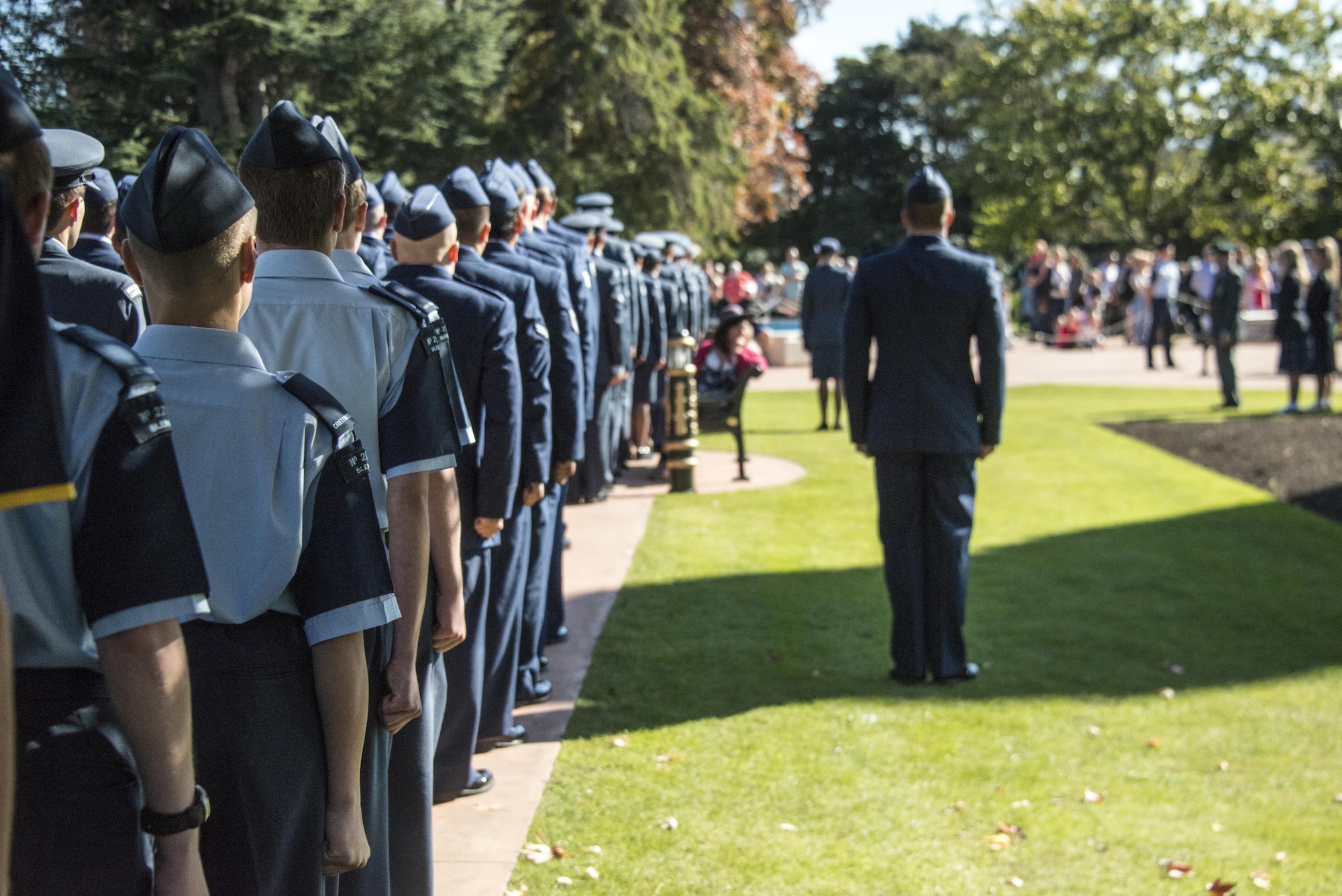 U.S. Air Force 353rd Special Operations Group members prepare to march off following the ceremonial portion of the ANZAC Day commemoration, April 25, 2017 in Blenheim, New Zealand. The air commandos were invited to join Royal New Zealand Air Force partners from 40th Squadron in their ANZAC Day festivities. (U.S. Air Force photo by Capt. Jessica Tait)