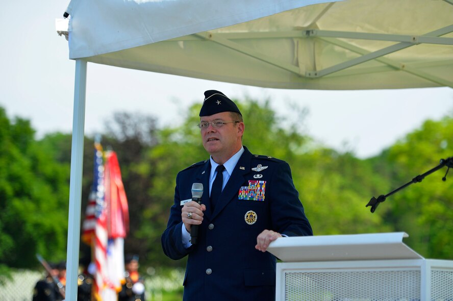 Brig. Gen. Richard G. Moore, 86th Airlift Wing commander, speaks at a Memorial Day ceremony on Lorraine American Cemetery and Memorial, France, May 28, 2017. U.S., French, and other allied representatives attended the ceremony to honor all American service members who sacrificed their lives in conflicts throughout history. (U.S. Air Force photo by Airman 1st Class Joshua Magbanua)