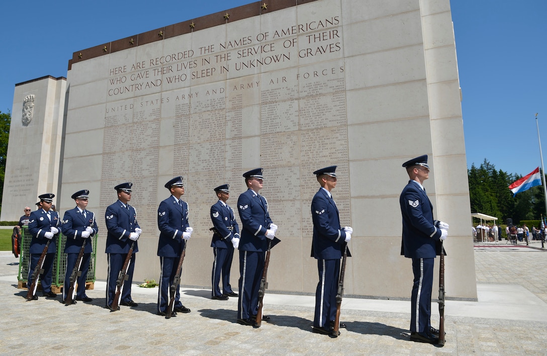 Members of the Spangdahlem Air Base Honor Guard prepare to perform a three volley salute during the Memorial Day Ceremony at the Luxembourg American Military Cemetary in Hamm, Luxembourg, May 27, 2017. Hundreds of military members and military supporters joined together to pay their respects to the men and women who lost their lives during World War II.