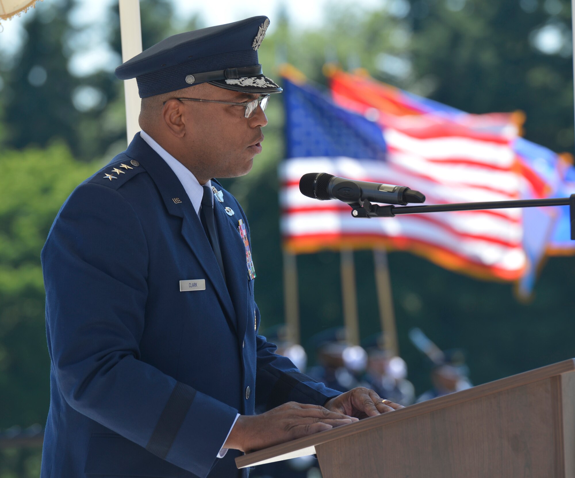 Lt. Gen. Richard Clark, 3rd Air Force commander, addresses the crowd during the Memorial Day Ceremony at the Luxembourg American Military Cemetery in Hamm, Luxembourg, May 27, 2017. The ceremony brought together military representatives and hundreds of supporters to recognize the sacrifices made by American service members in support of freedom abroad.