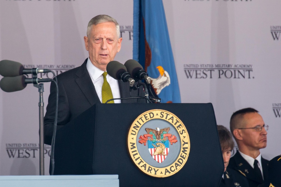 Defense Secretary Jim Mattis delivers the commencement address at the U.S. Military Academy at West Point, N.Y., May 27, 2017.  Army photo by Staff Sgt. Vito T. Bryant