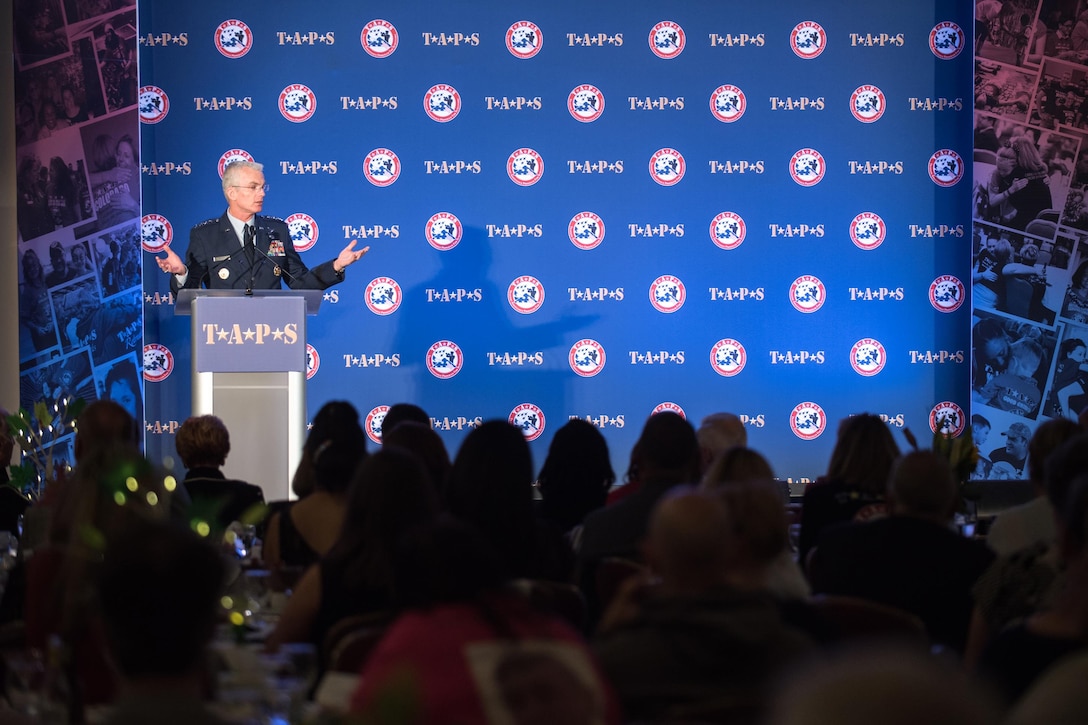 Gen. Paul J. Selva, vice chairman of the Joint Chiefs of Staff, discusses the impact of the Tragedy Assistance Program for Survivors, or TAPS, during the Grand Banquet at the 23rd TAPS National Military Survivor Seminar and Good Grief Camp in Arlington, Va., May 27, 2017. TAPS brings surviving family members together over the Memorial Day weekend for seminars, workshops, and activities that support and honor their sacrifice. DoD photo by Army Sgt. James K. McCann