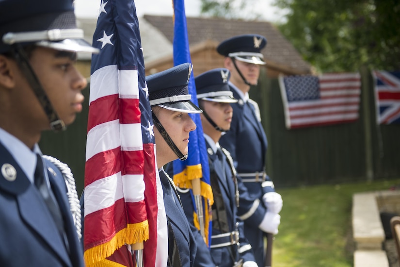 Honor Guard members from RAF Alconbury, England, prepare for the 10th annual rededication ceremony of the 305th Bombardment Group memorial in Chelveston, England on May 27. The 305th BG was stationed in Cheveston from 1942-1945. (U.S. Air Force photo by Senior Airman Joshua King)