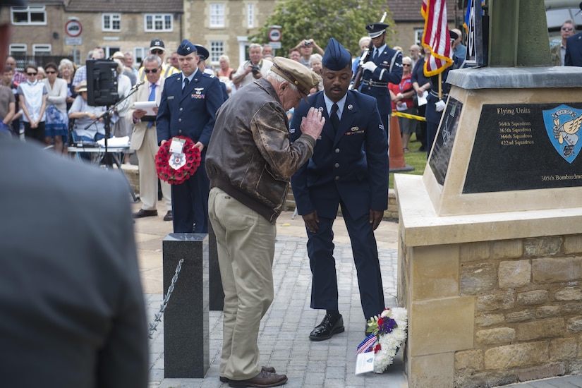 Douglas Ward, 305th Bombardment Group veteran, salutes a wreath at the memorial site of the 305th BG in Chelveston, England on May 27, 2017. Ward flew 20 combat missions from the Chelveston airfield during World War II. (U.S. Air Force photo by Senior Airman Joshua King)