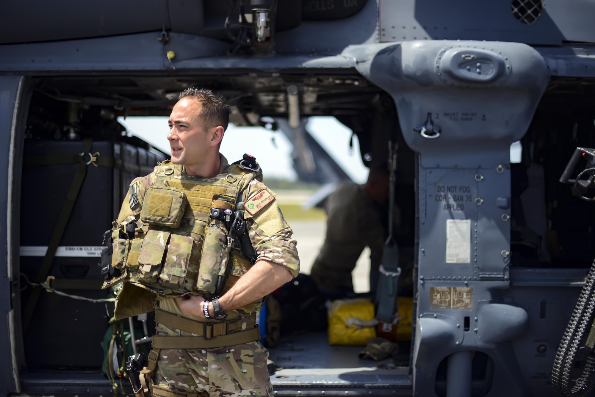 Senior Airman Davie Brinkmann, a special mission’s aviator from the 920th Rescue Wing, preps his gear in front of an HH-60G Pave Hawk during the National Salute to America’s Heroes Air and Sea Show media day May 26, 2017, at Miami Beach, Fla. Top tier U.S. military assets have assembled in Miami to showcase air superiority while honoring those who have made the ultimate sacrifice during the Memorial Day weekend. The 920th Rescue Wing, the Air Force Reserve’s only rescue wing, will headline the airshow by demonstrating combat-search-and-rescue capabilities by teaming up with a HC-130P/N Combat King and four A-10 Thunderbolt II aircraft. (U.S. Air Force photo/Staff Sgt. Jared Trimarchi)