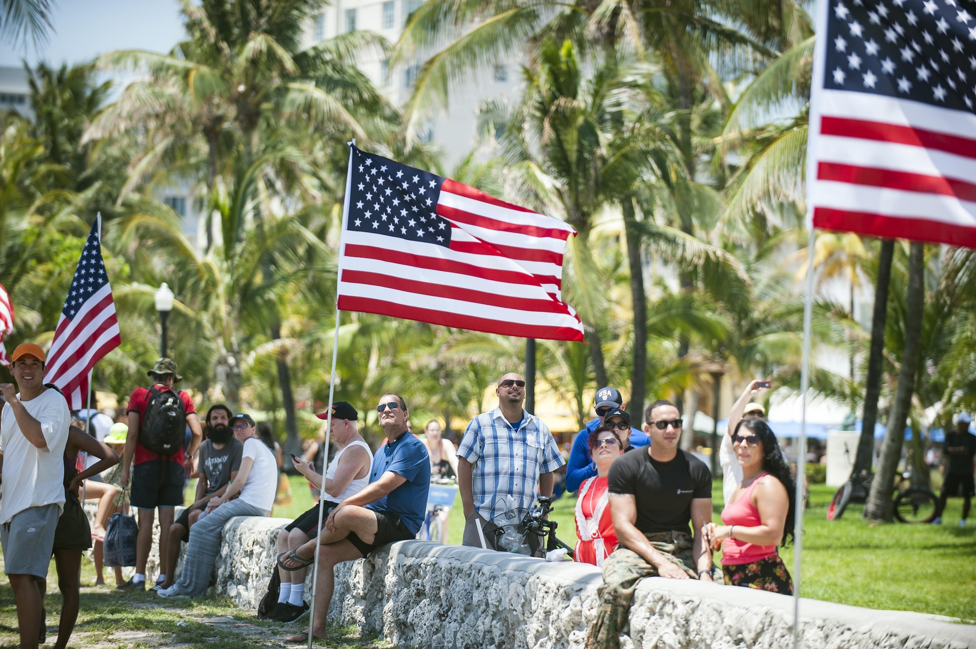 Spectators view an aerial demonstration during the National Salute to America’s Heroes Air and Sea Show, May 28, 2017, at Miami Beach, Fla. Top tier U.S. military assets assembled in Miami to showcase air superiority while honoring those who have made the ultimate sacrifice during the Memorial Day weekend. (U.S. Air Force photo/Staff Sgt. Jared Trimarchi)