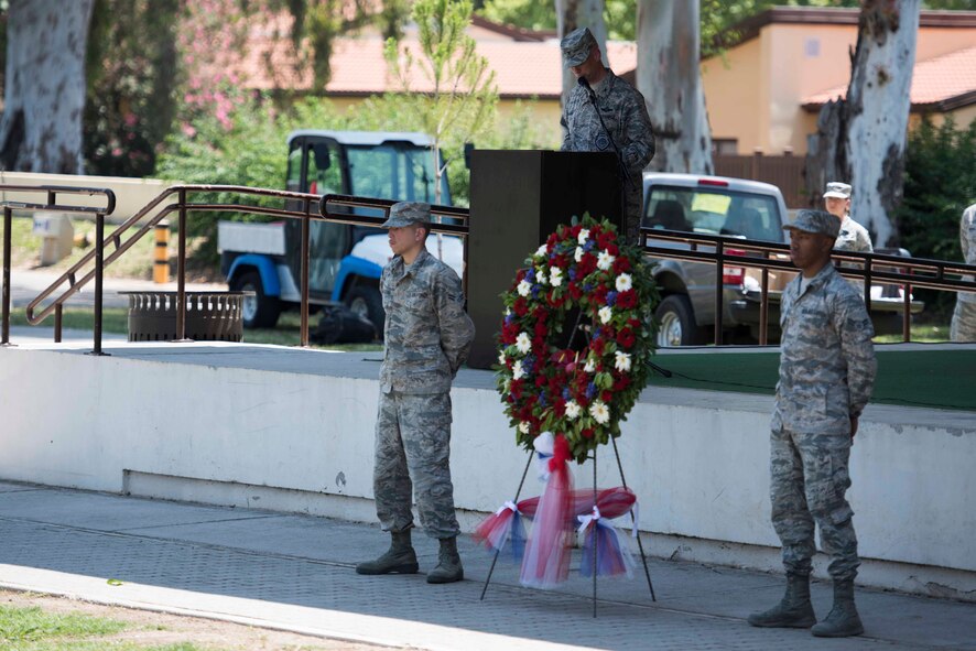 U.S. Air Force Col. Michael Manion, 39th Air Base Wing vice commander, speaks during a Memorial Day ceremony May 26, 2017, at Incirlik Air Base, Turkey. Memorial Day honors the men and women who paid the ultimate sacrifice serving in the United States military. This marked the first joint service ceremony at Incirlik. (U.S. Air Force photo by Airman 1st Class Devin M. Rumbaugh)