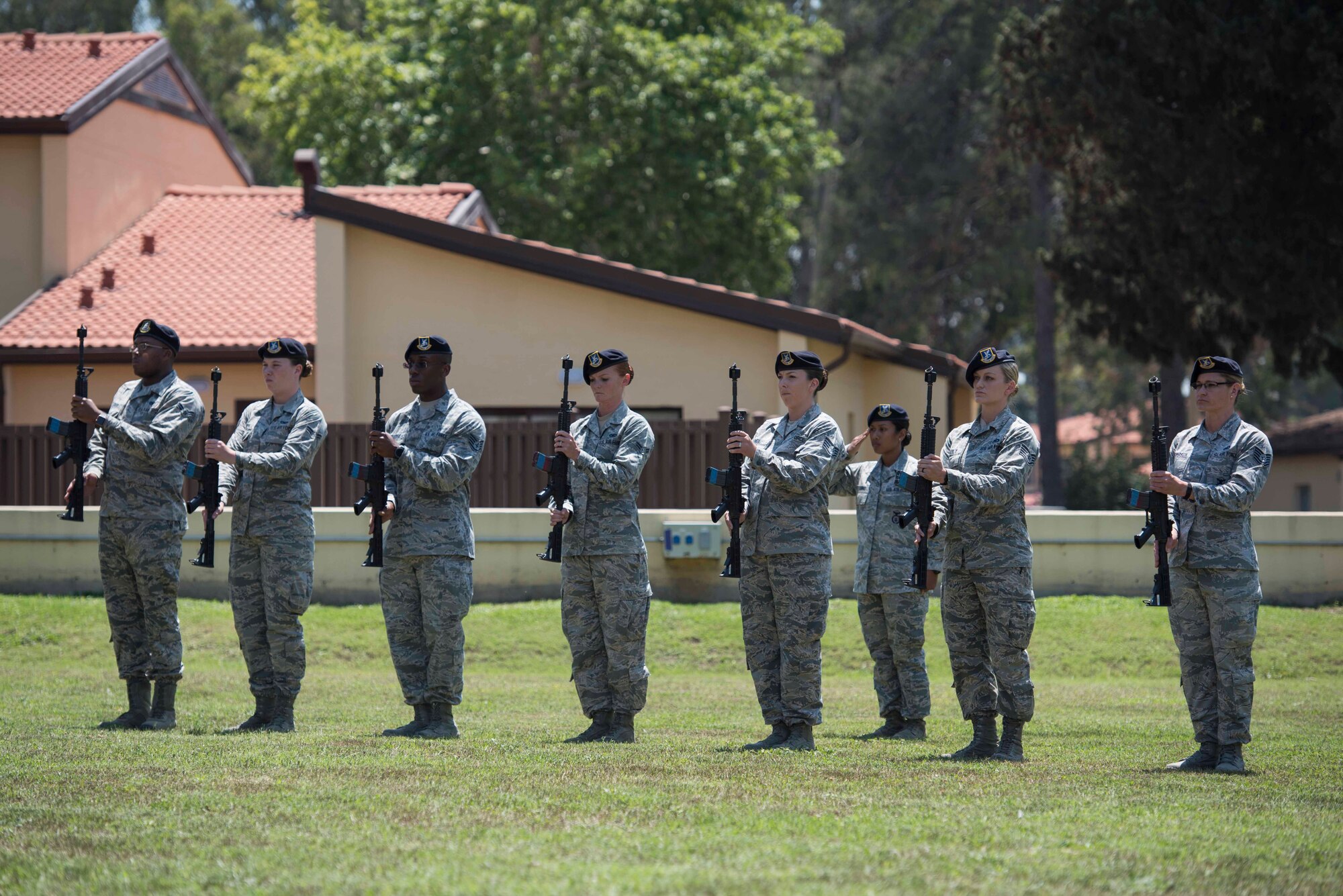 U.S. Airmen with the 39th Security Forces Squadron salute prior to a 21-gun salute during a Memorial Day ceremony May 26, 2017, at Incirlik Air Base, Turkey. Memorial Day honors the men and women who paid the ultimate sacrifice serving in the United States military. This marked the first joint service ceremony at Incirlik. (U.S. Air Force photo by Airman 1st Class Devin M. Rumbaugh)