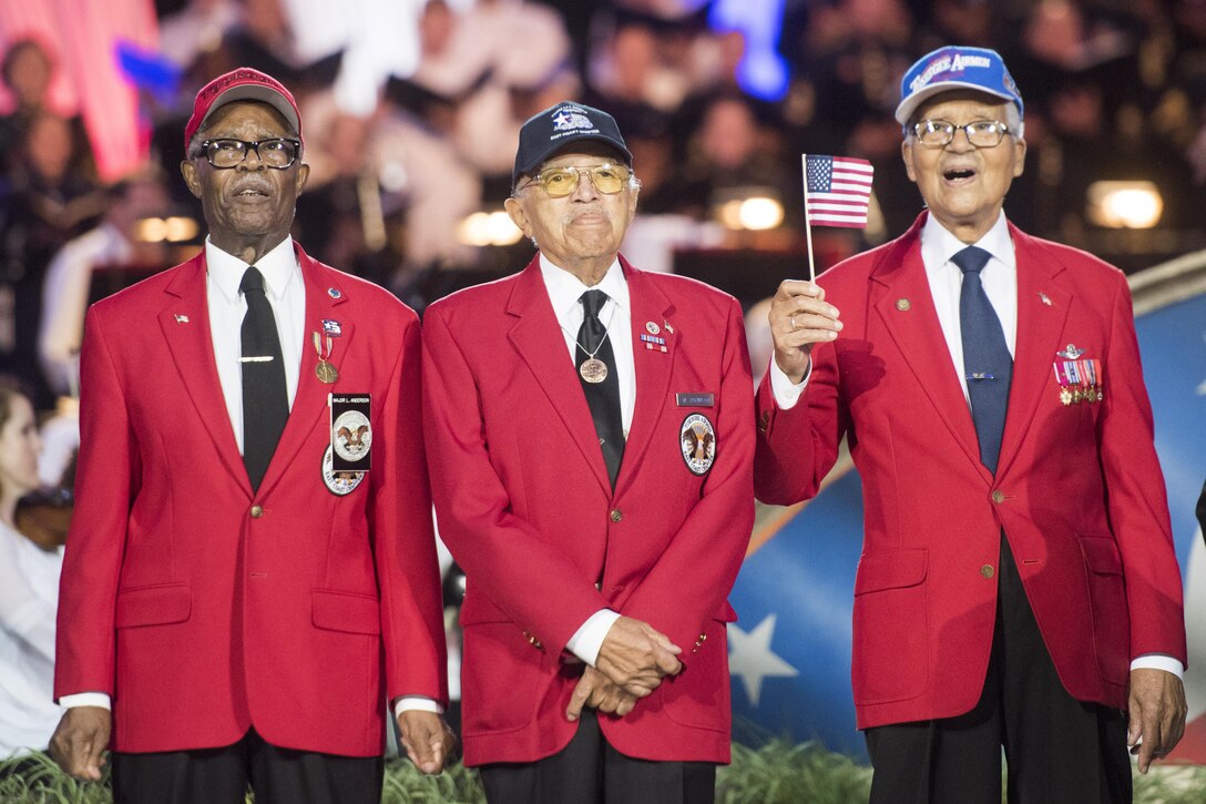 Tuskegee Airmen walk onstage during the National Memorial Day concert