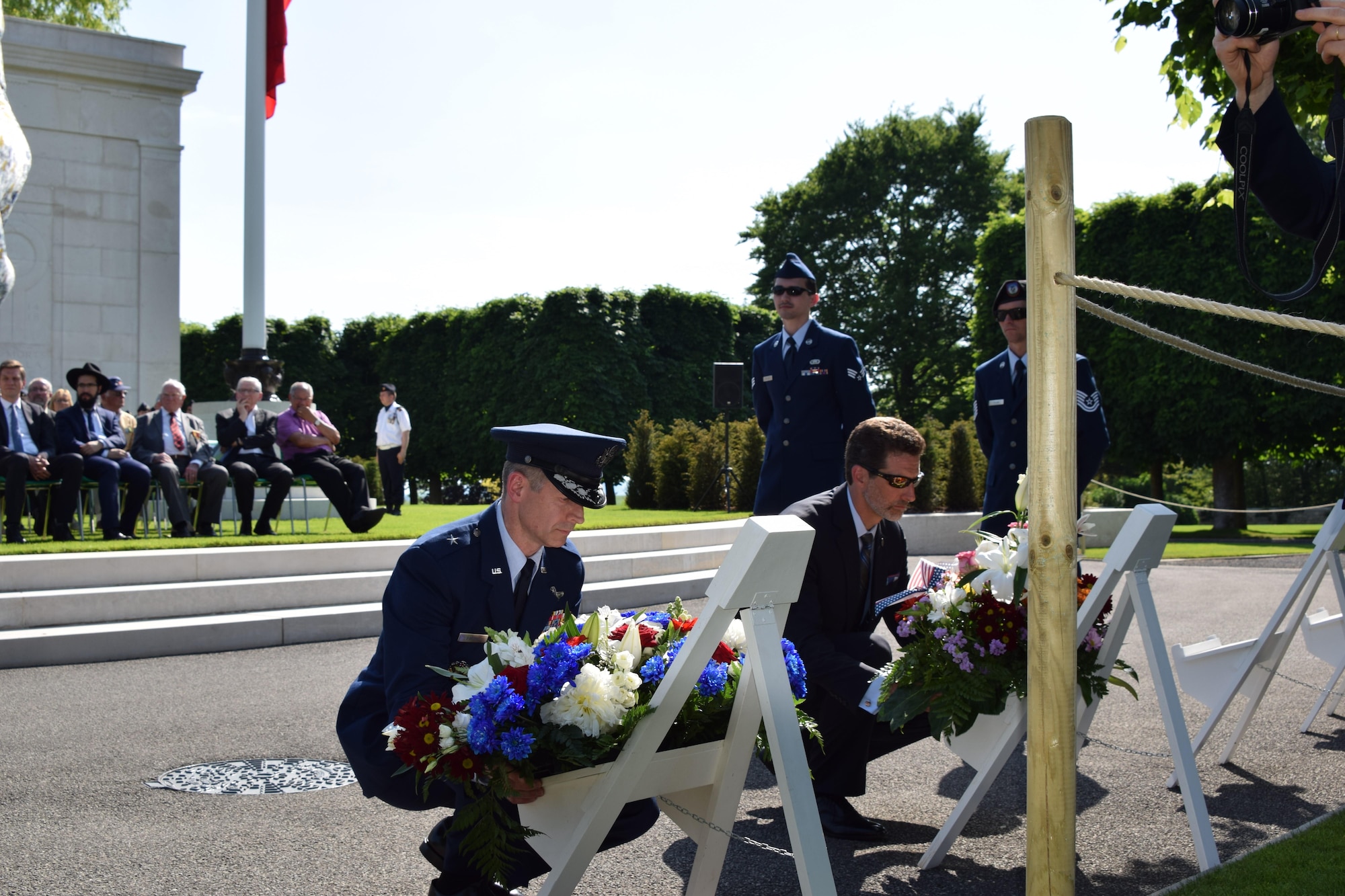 Brigadier General Dieter Bareihs, Director of Plans, Programs and Analysis for U.S. Air Forces in Europe and U.S. Air Forces Africa, lays a wreath at the St. Mihiel American WWI cemetery in France in honor of Memorial Day, May 28. The cemetery, one of 20 permanent American military cemeteries in Europe, is home to more than 4,150 Americans who lost their lives during WWI. (U.S. Air Force photo by Capt. Allie Stormer.)

