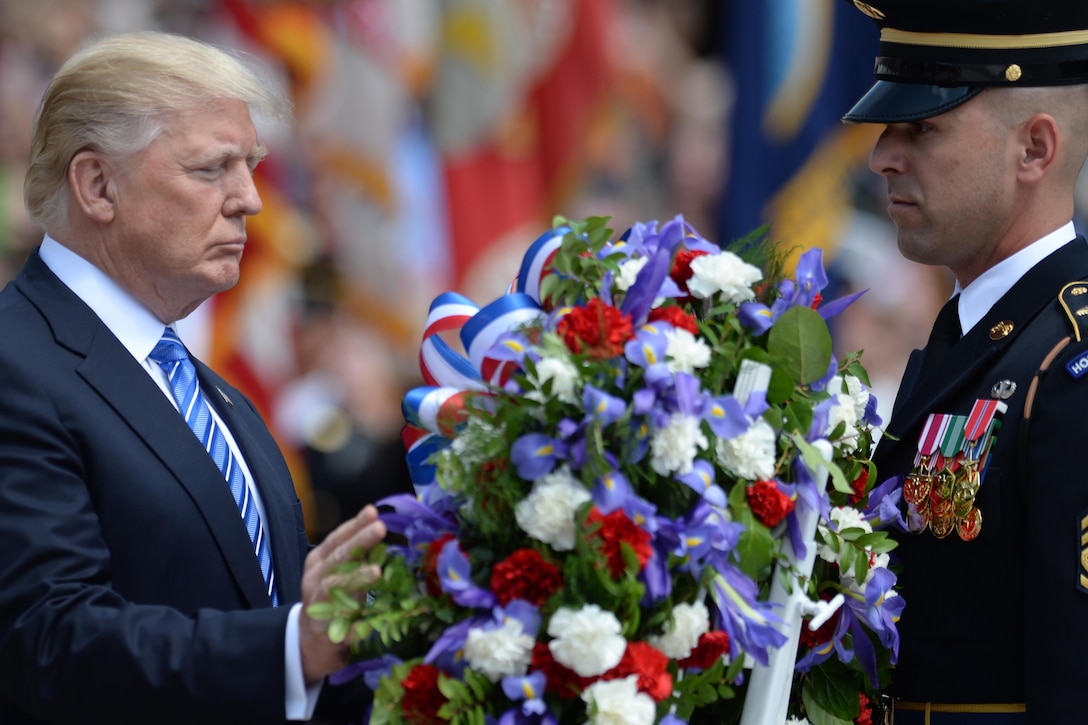 President Donald J. Trump lays a wreath at the Tomb of the Unknowns at Arlington National Cemetery in Arlington, Va., May, 29, 2017. DoD photo by EJ Hersom