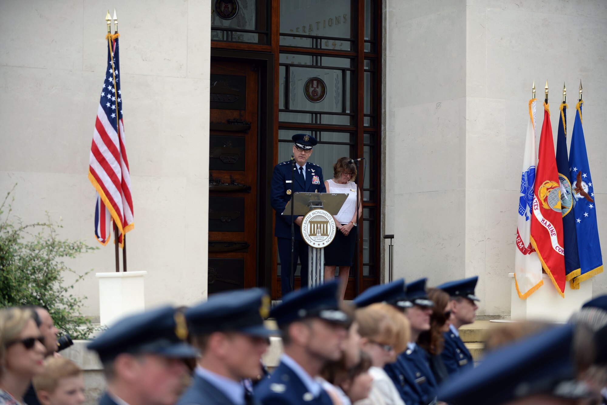 U.S. Air Force Maj. Gen. Timothy G. Fay, Headquarters U.S. Air Forces in Europe and Air Forces Africa director, operations, strategic deterrence and nuclear integration, speaks to an audience during the Madingley Memorial Day Ceremony May 29, 2017, at Madingley Memorial Cemetery in Cambridge, England. The event included a wreath laying, fly overs and a firing of volleys. (U.S. Air Force photo by Senior Airman Christine Groening) 