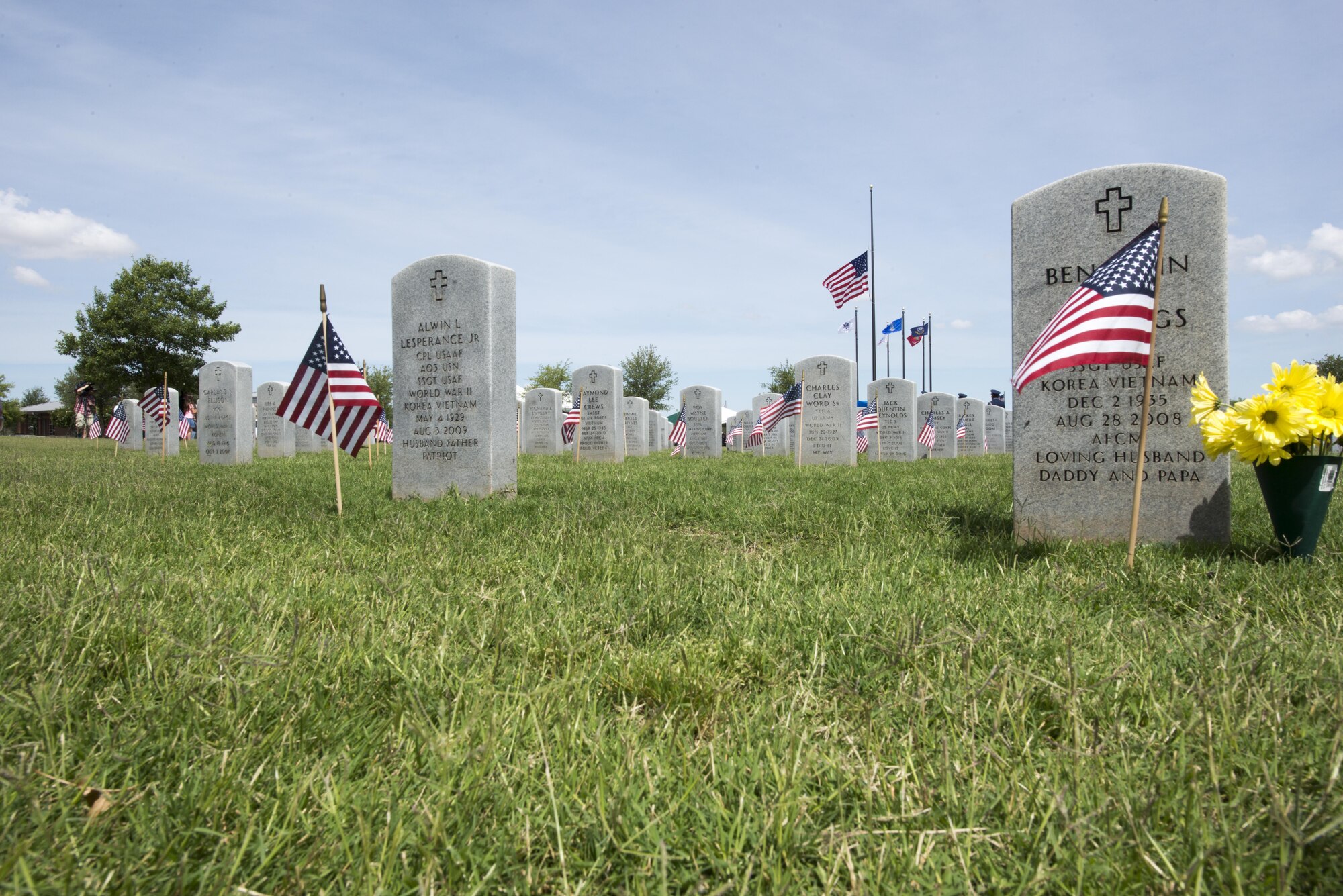 Small American flags fly on graves at the Texas State Veterans Cemetery, Abilene, Texas, May 29, 2017. Memorial Day became an official federal holiday in 1971 and is held on the last Monday of May to honor the men and women who died while serving in the U.S. military. (U.S. Air Force photo by Senior Airman Austin Mayfield)