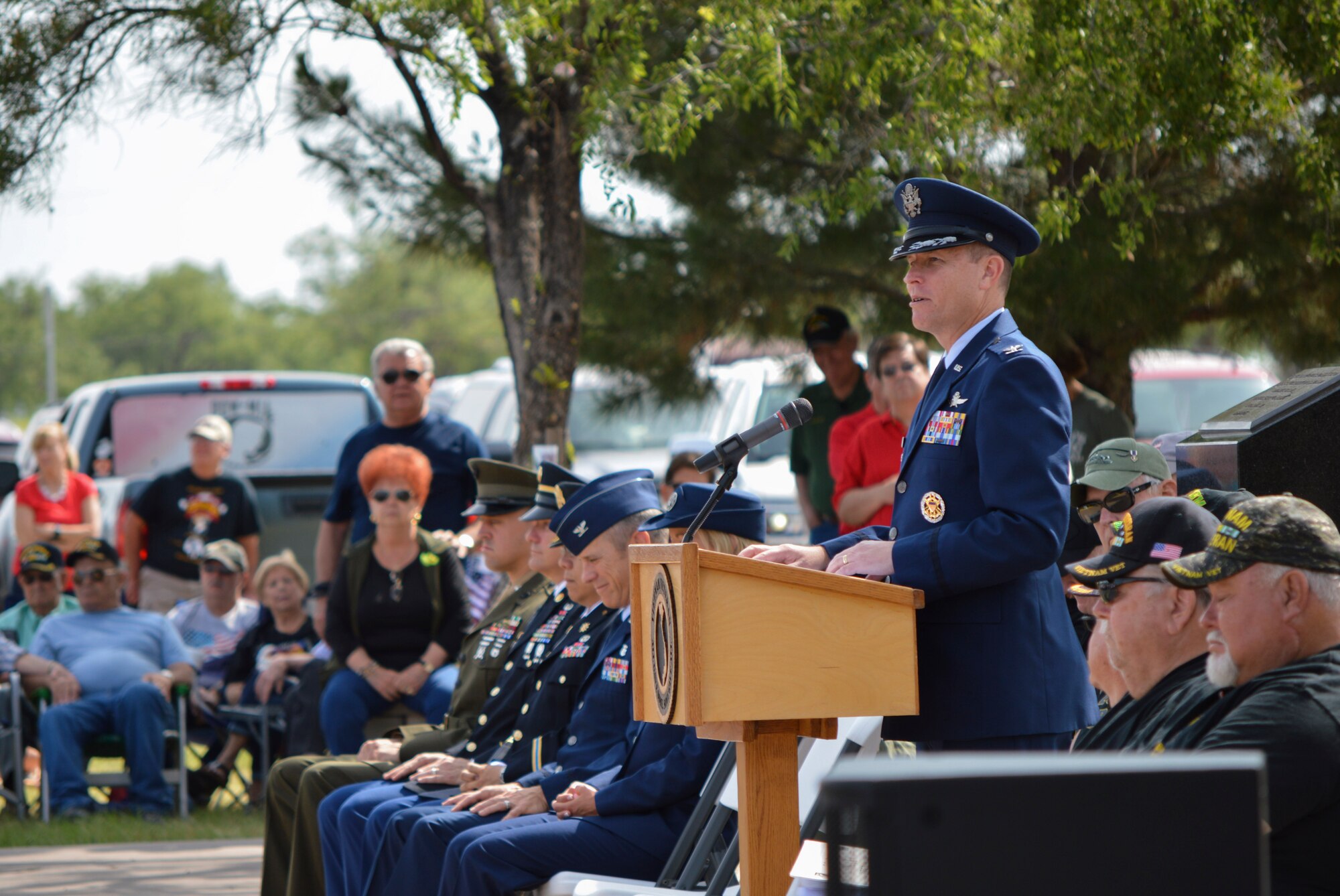 U.S. Air Force Col. Jeffrey Sorrell, 17th Training Wing Vice Commander, gives a speech at a re-dedication ceremony as part of Memorial Day at the San Angelo Regional Airport, Texas, May 29, 2017. Memorial Day is a day on which those who died in active military service are remembered. (U.S. Air Force photo by Robert D. Martinez/Released)